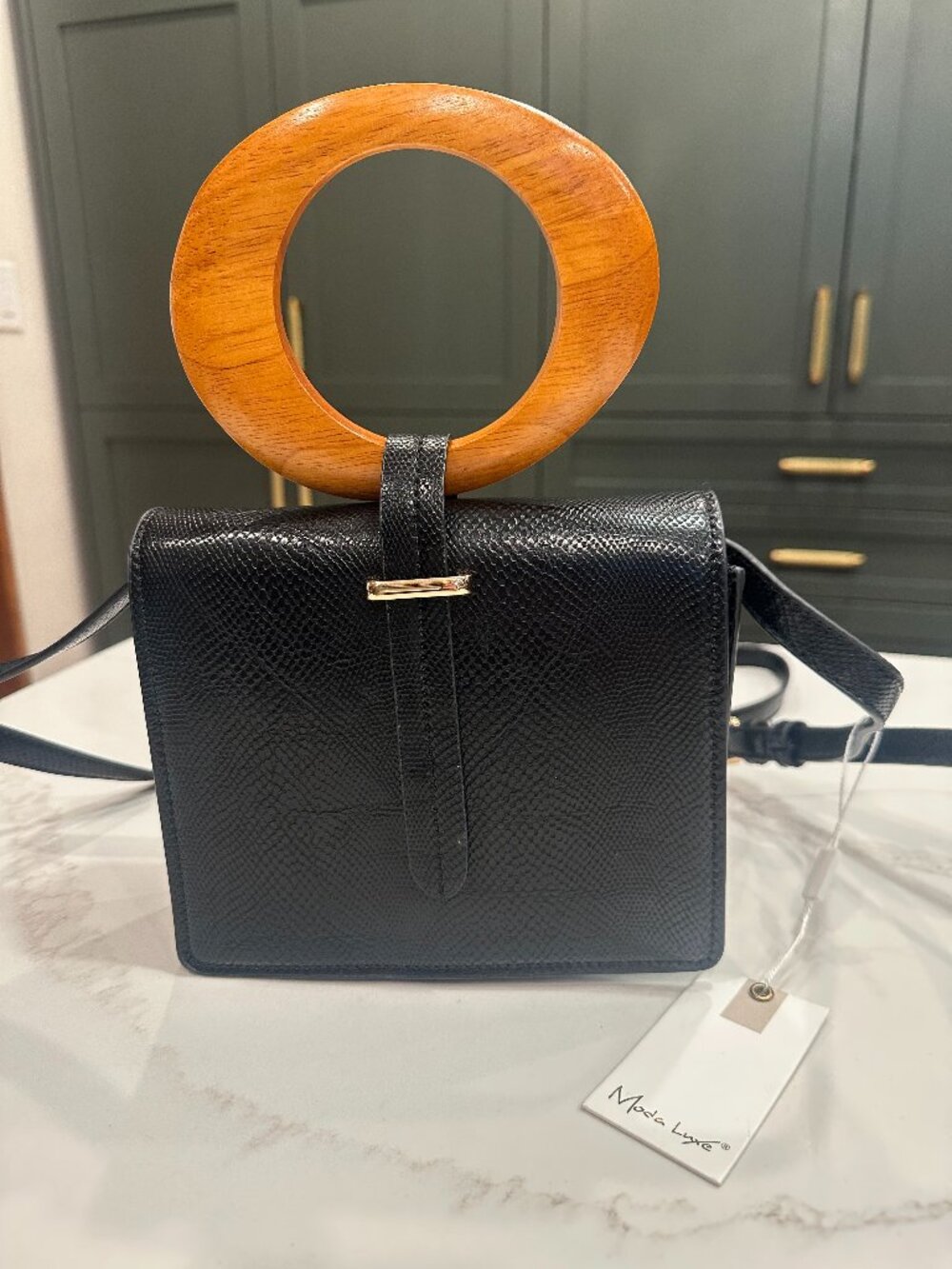 Moda Luxe Black Structured Small Purse with Wood Circular Handle and Long Strap